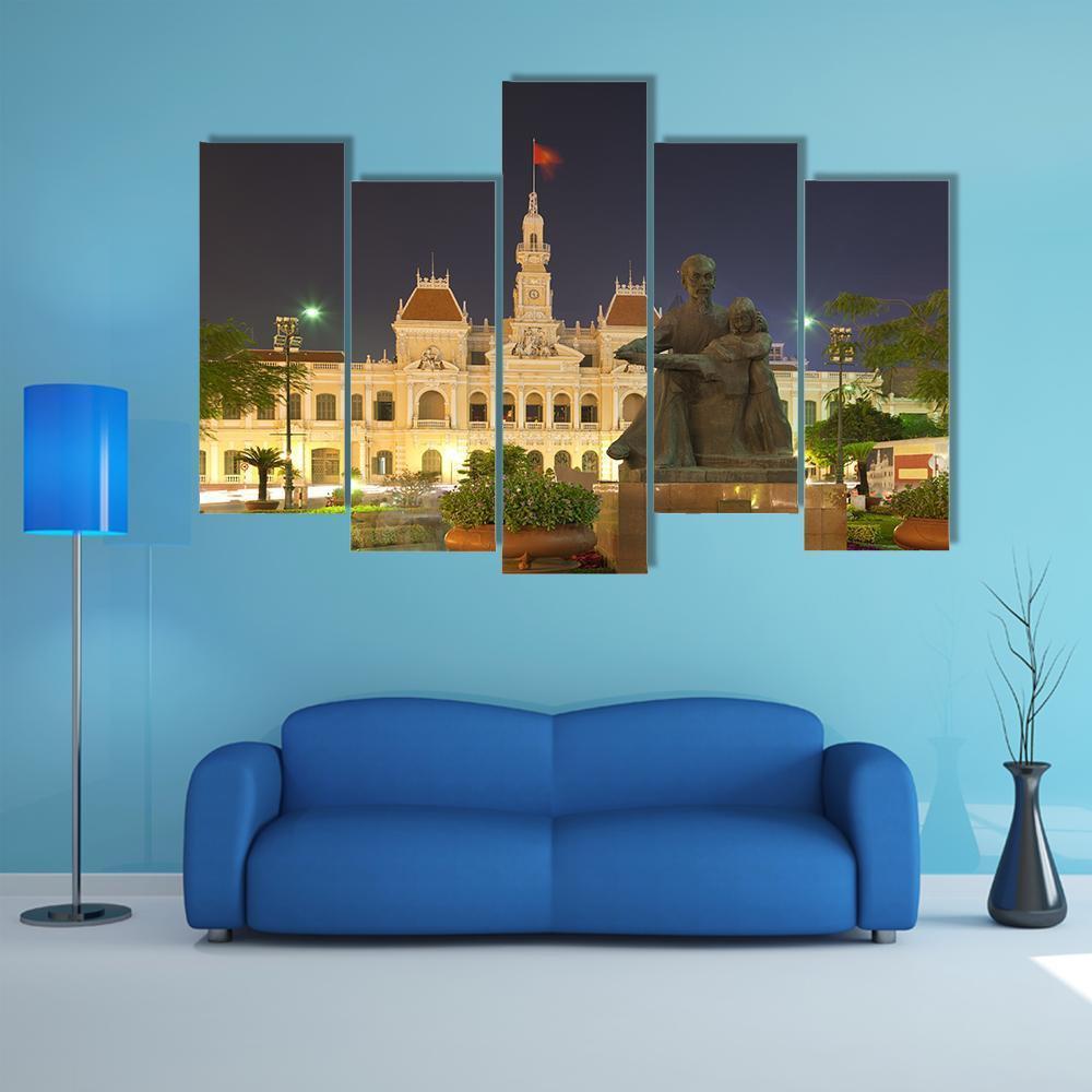 People's Committee Building At Night Canvas Wall Art-5 Pop-Gallery Wrap-47" x 32"-Tiaracle