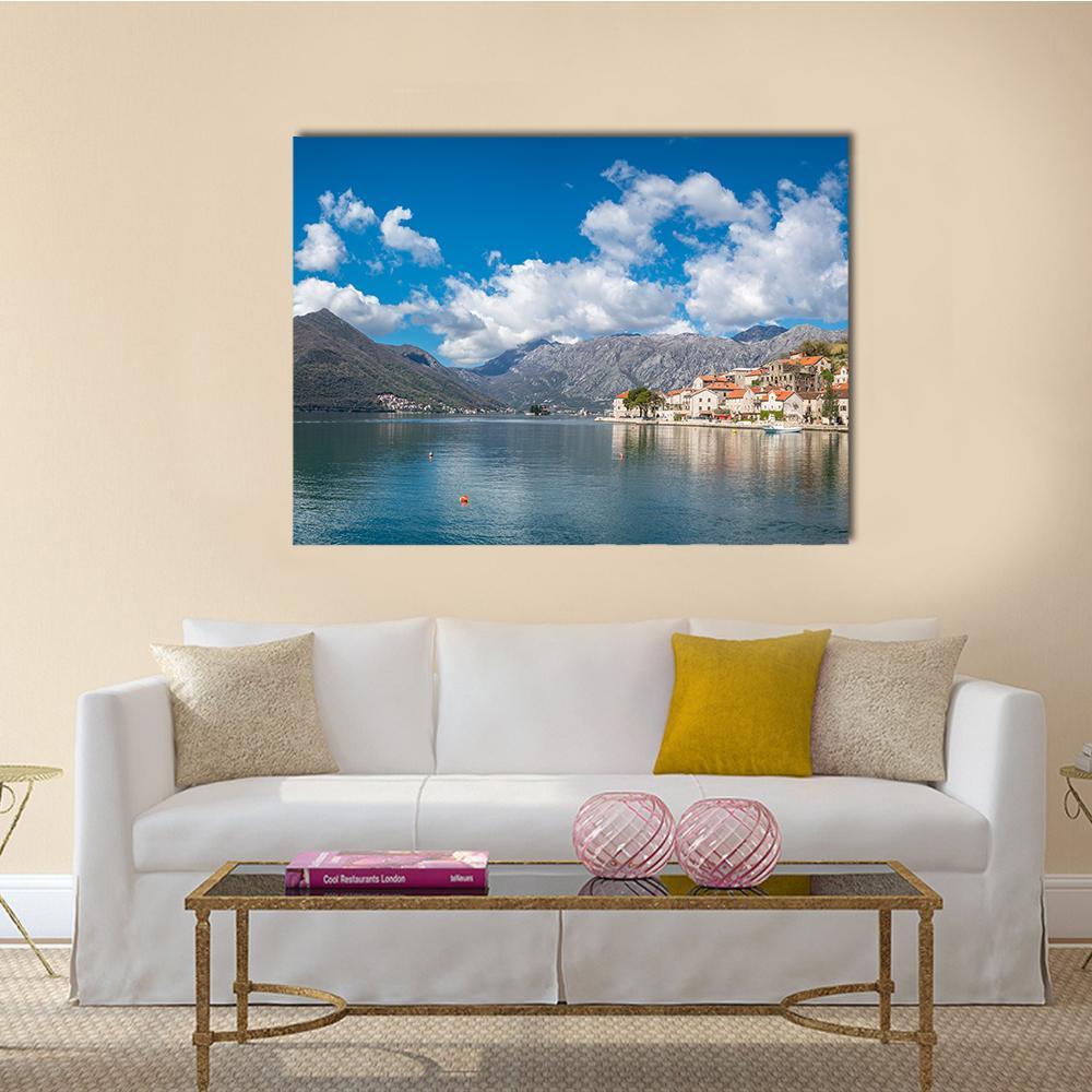 Perast Town in Kotor Bay Canvas Wall Art in white, gray and blue, single panel hung on a wall