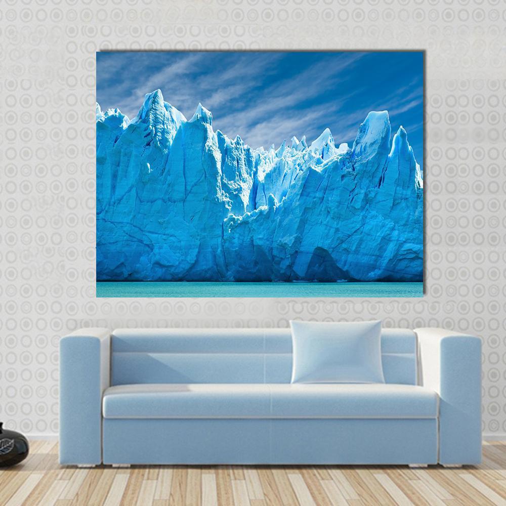 Perito Moreno Glacier Patagonia Argentina Canvas Wall Art in white and blue, single panel hung on a wall