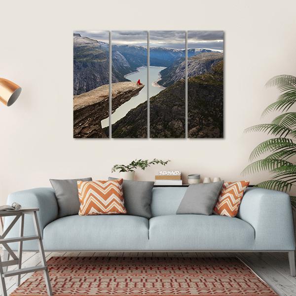 Hiker Sitting On Trolltunga Canvas Wall Art-4 Horizontal-Gallery Wrap-34" x 24"-Tiaracle