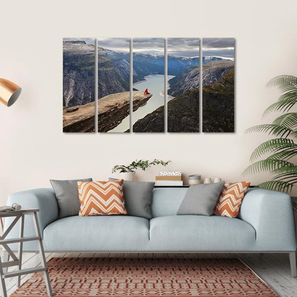Hiker Sitting On Trolltunga Canvas Wall Art-5 Horizontal-Gallery Wrap-22" x 12"-Tiaracle
