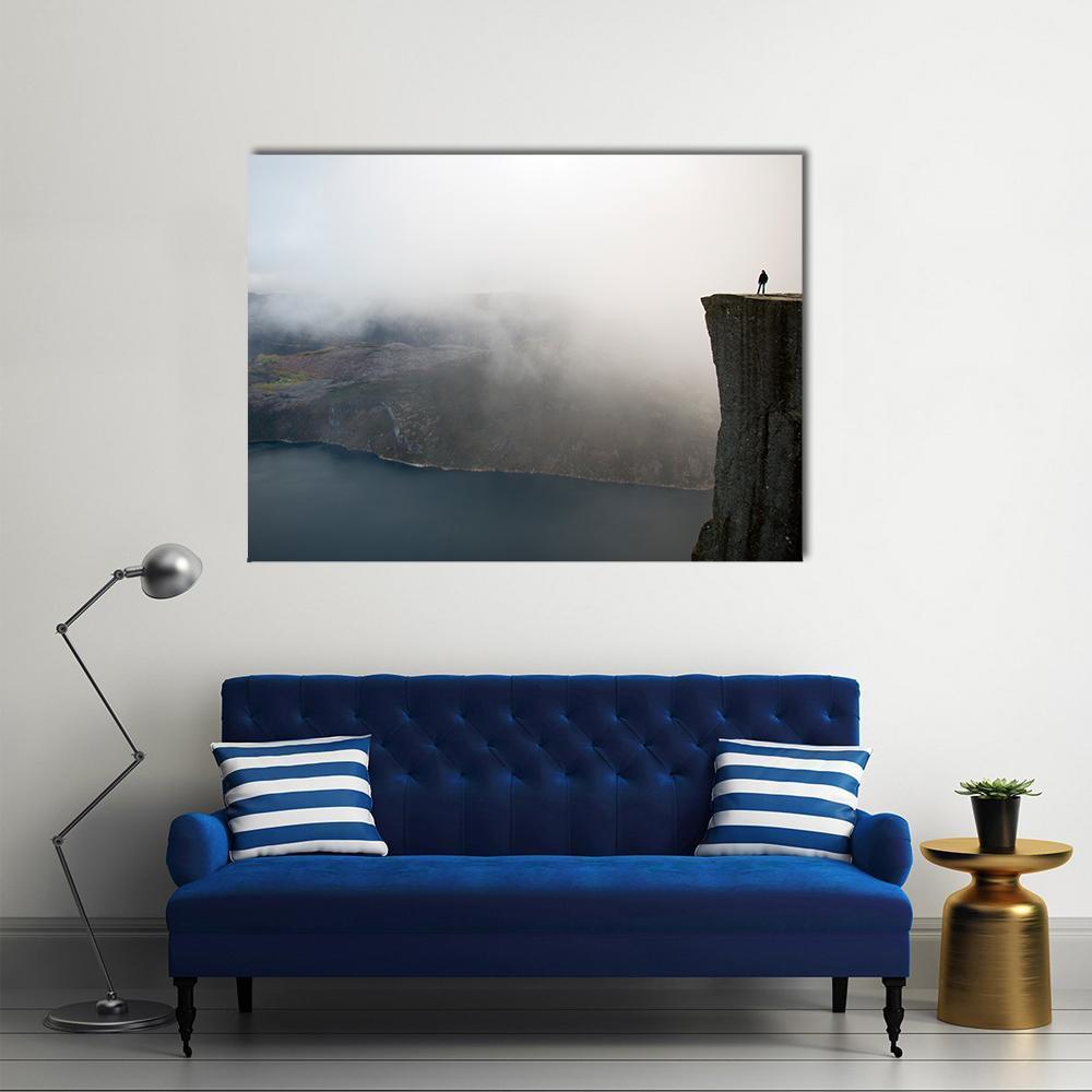 Person Standing On Preikestolen Canvas Wall Art-1 Piece-Gallery Wrap-48" x 32"-Tiaracle