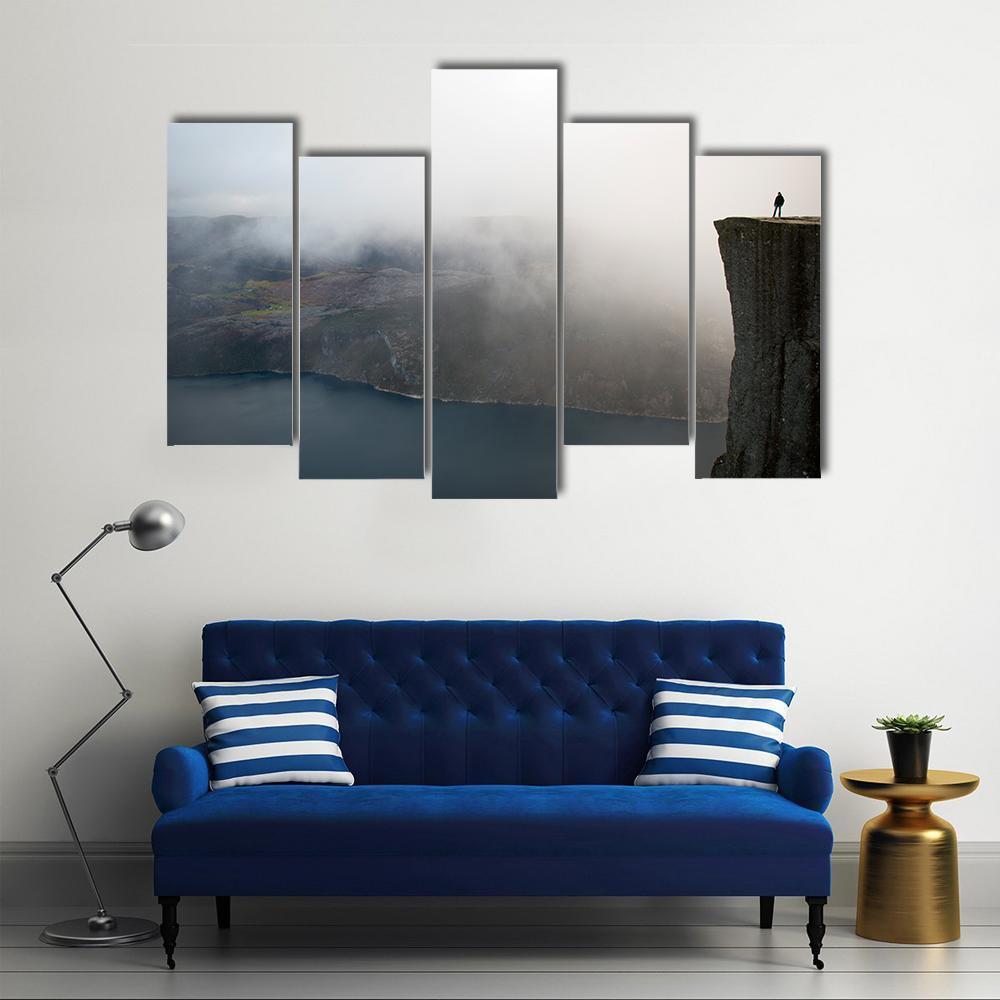 Person Standing On Preikestolen Canvas Wall Art-5 Pop-Gallery Wrap-47" x 32"-Tiaracle