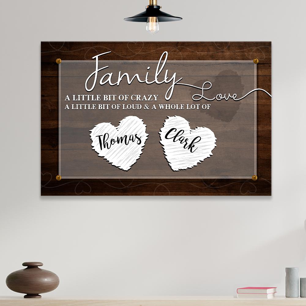 Family Names with Heart on Wood Grain Canvas Wall Art in white and brown, hung on a wall
