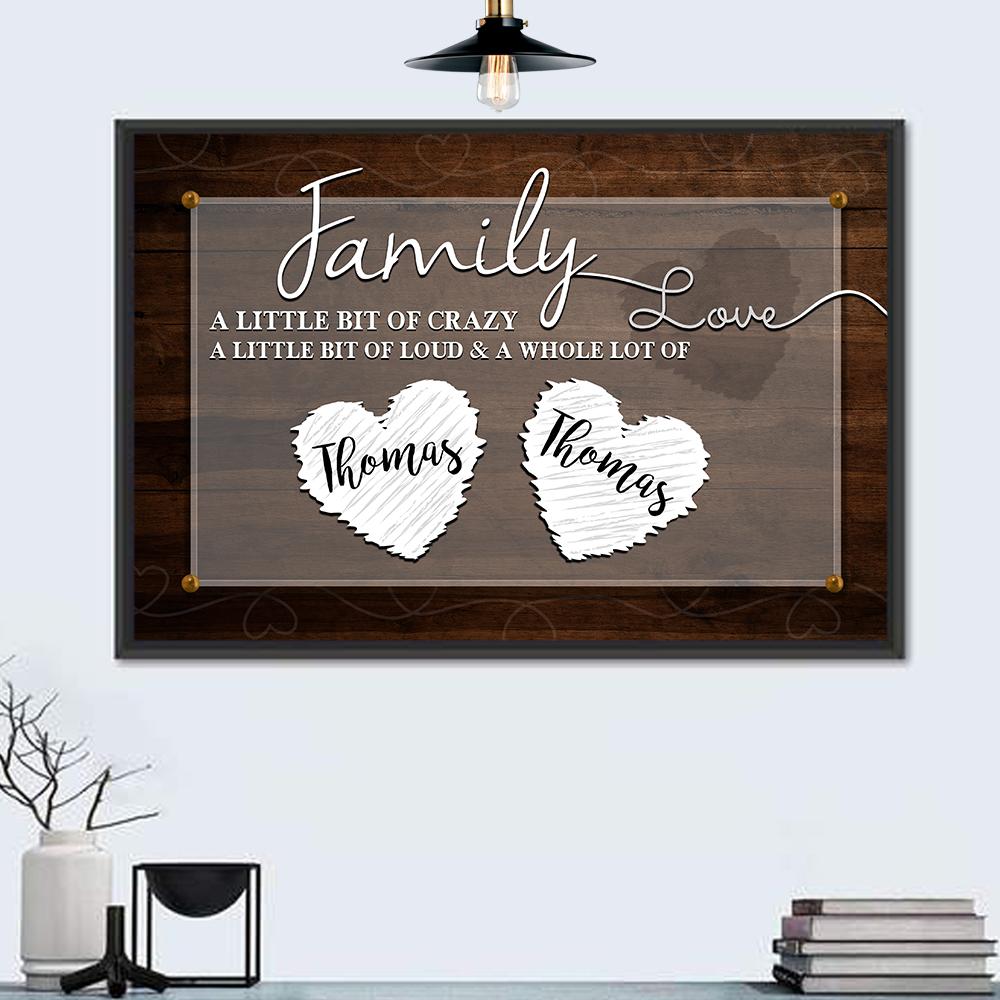 Family Names with Heart on Wood Grain Canvas Wall Art in white and brown, framed canvas, product view on a white background