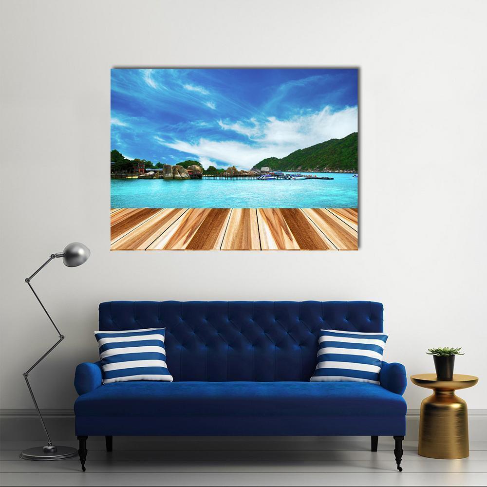 Nang Yuan Island from Wooden Deck Canvas Wall Art in brown, green and blue, single panel hung on a wall
