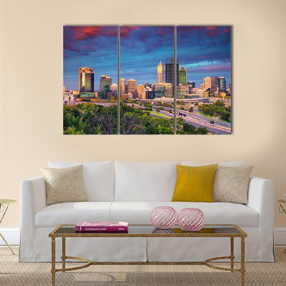 Perth Skyline During Sunset Canvas Wall Art-3 Horizontal-Gallery Wrap-37" x 24"-Tiaracle