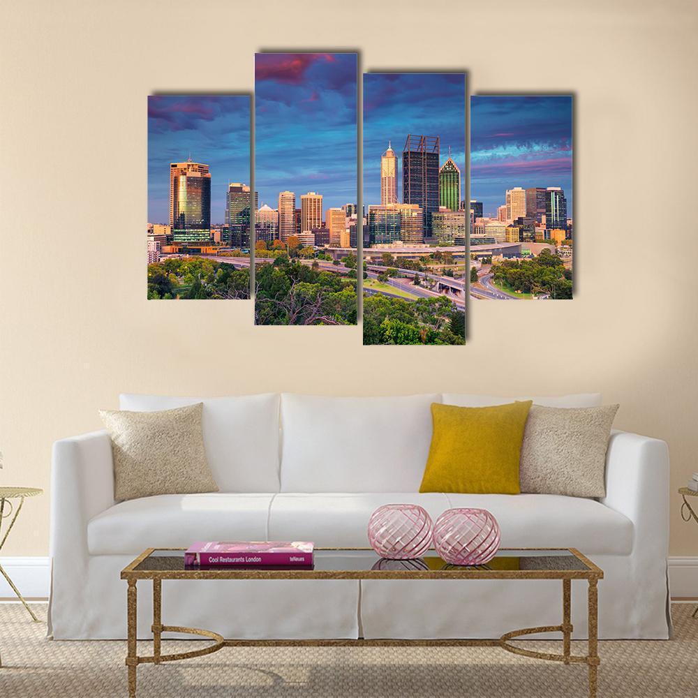 Perth Skyline During Sunset Canvas Wall Art-4 Pop-Gallery Wrap-50" x 32"-Tiaracle