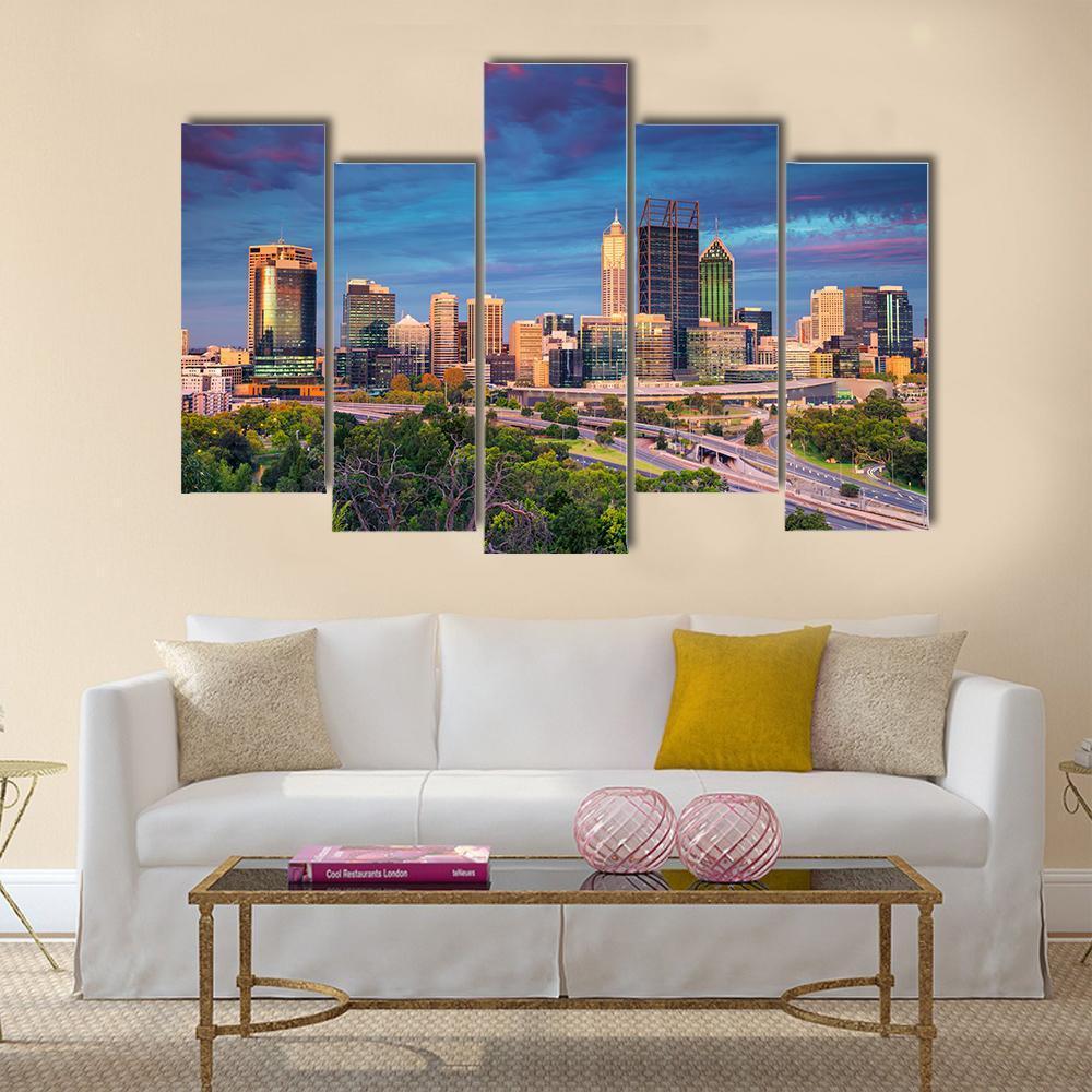 Perth Skyline During Sunset Canvas Wall Art-5 Pop-Gallery Wrap-47" x 32"-Tiaracle