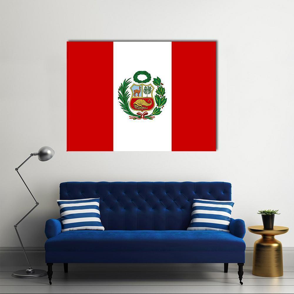 Peruvian Flag with Coat of Arms Canvas Wall Art in white and red, single panel hung on a wall