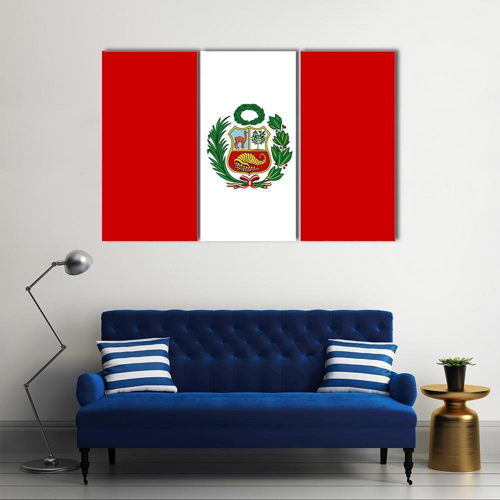 Peruvian Flag With National Emblem Canvas Wall Art-3 Horizontal-Gallery Wrap-37" x 24"-Tiaracle