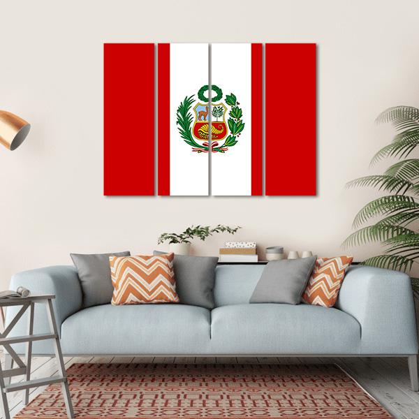 Peruvian Flag With National Emblem Canvas Wall Art-4 Horizontal-Gallery Wrap-34" x 24"-Tiaracle
