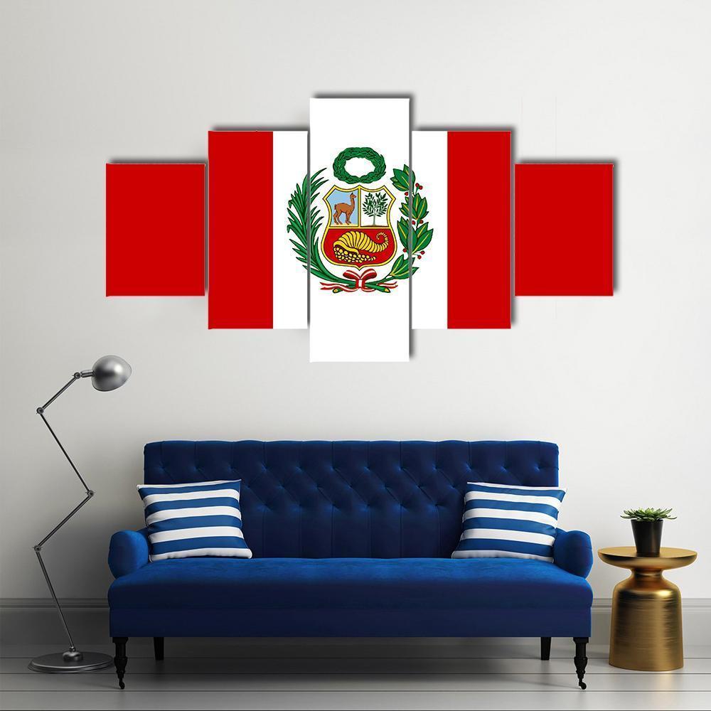 Peruvian Flag With National Emblem Canvas Wall Art-5 Star-Gallery Wrap-62" x 32"-Tiaracle