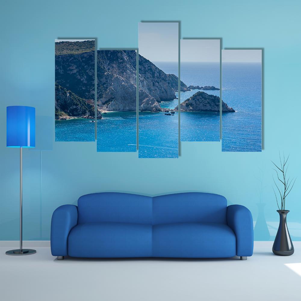 Petani Beach And Kefalonia Ionian Islands Canvas Wall Art-5 Pop-Gallery Wrap-47" x 32"-Tiaracle
