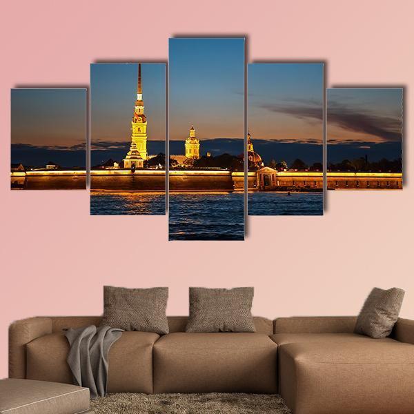 Peter And Paul Fortress On The Hare Island At Night Canvas Wall Art-5 Star-Gallery Wrap-62" x 32"-Tiaracle