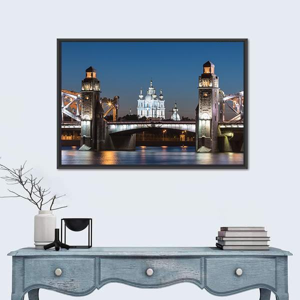 Peter The Great Bridge And Smolny Cathedral Canvas Wall Art-1 Piece-Floating Frame-24" x 16"-Tiaracle