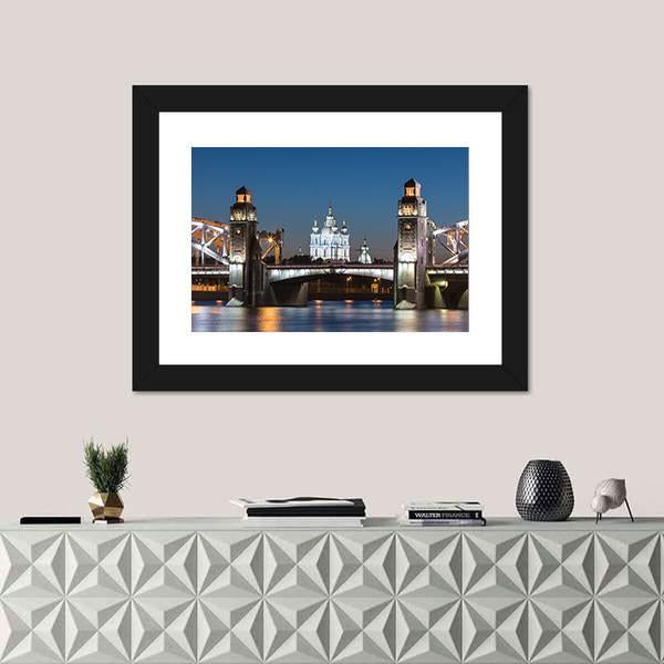 Peter The Great Bridge And Smolny Cathedral Canvas Wall Art-1 Piece-Framed Print-20" x 16"-Tiaracle