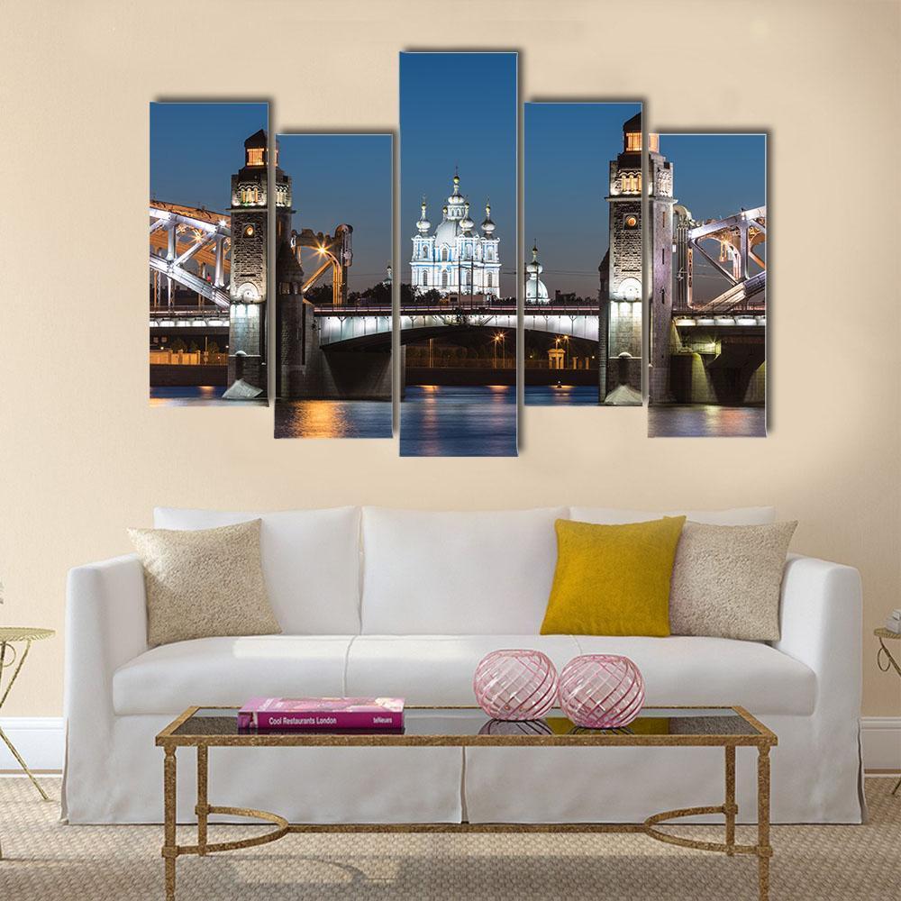 Peter The Great Bridge And Smolny Cathedral Canvas Wall Art-5 Pop-Gallery Wrap-47" x 32"-Tiaracle