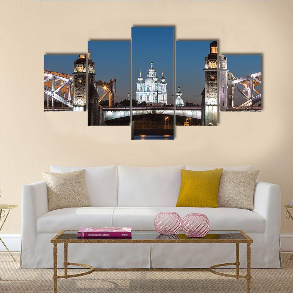 Peter The Great Bridge And Smolny Cathedral Canvas Wall Art-5 Star-Gallery Wrap-62" x 32"-Tiaracle
