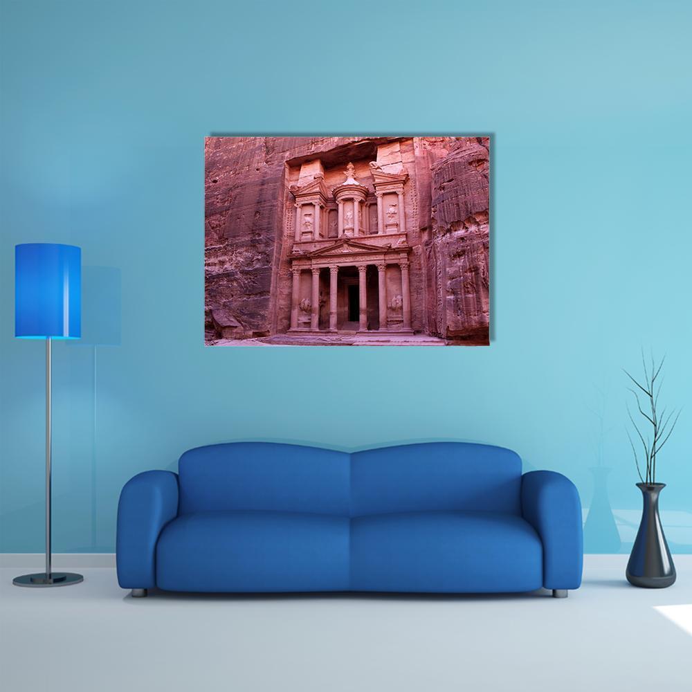 Al-khazneh Treasury in Petra, Jordan Canvas Wall Art in brown, red and pink, single panel hung on a wall