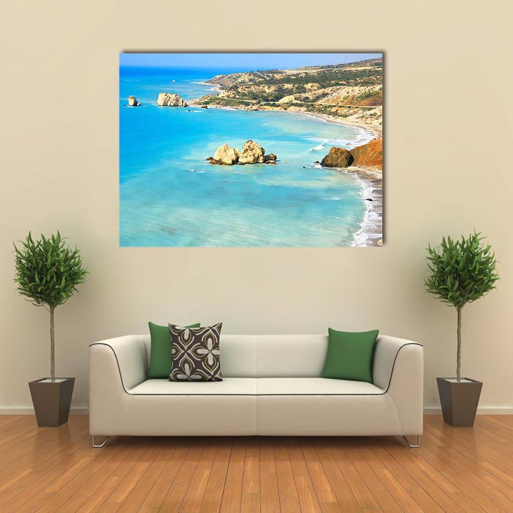 Petra Tou Romiou Seascape, Paphos Canvas Wall Art in beige and blue, single panel hung on a wall