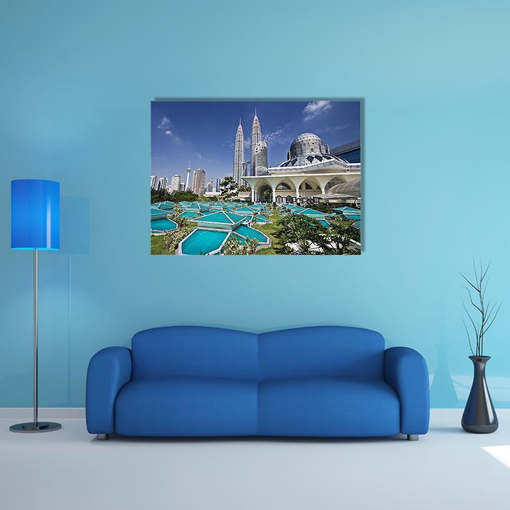 Kuala Lumpur Skyline with Petronas Twin Towers Canvas Wall Art in gray, green and blue, single panel hung on a wall