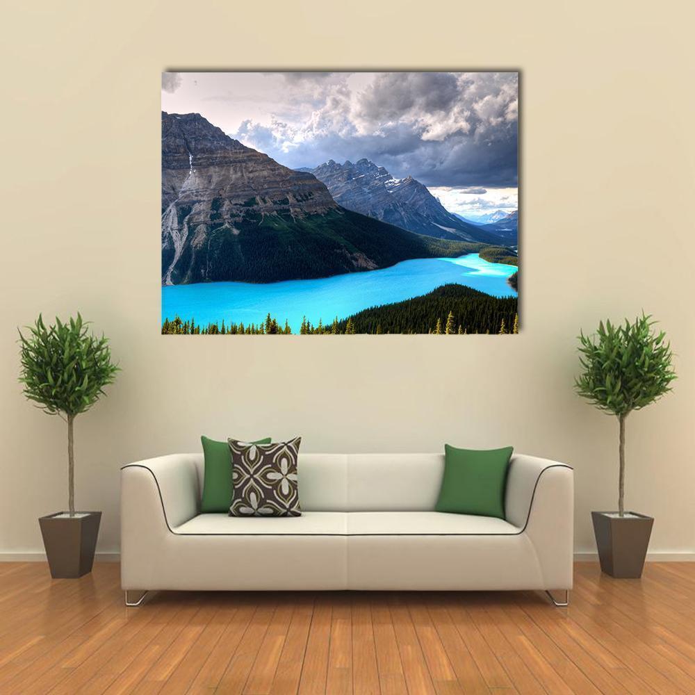 Peyto Lake Turquoise Mountain View Canvas Wall Art in gray, brown and blue, single panel hung on a wall
