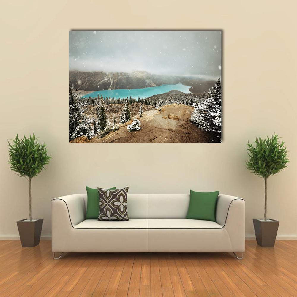 Peyto Lake in Winter with Snow Canvas Wall Art in white, gray and blue, single panel hung on a wall