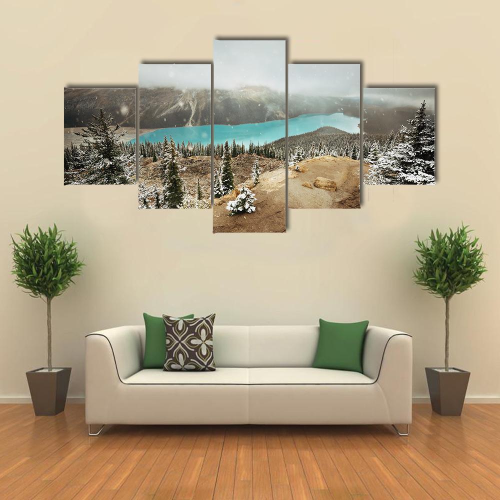 Peyto Lake In Winter With Snow Canvas Wall Art-5 Star-Gallery Wrap-62" x 32"-Tiaracle