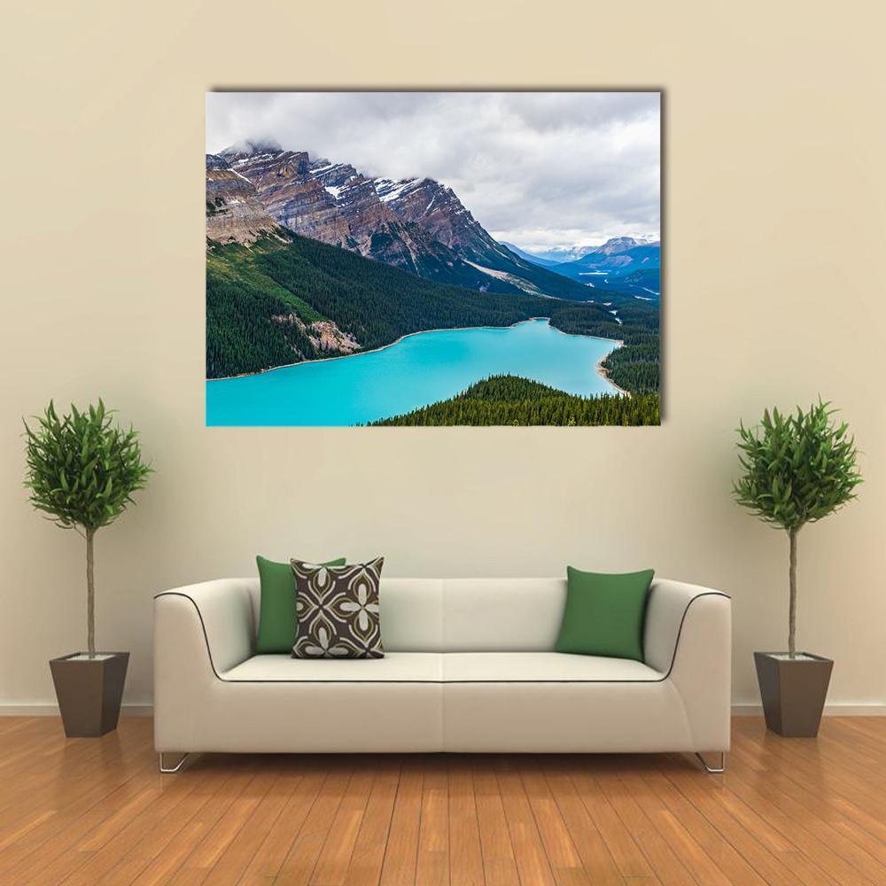 Peyto Lake in Banff National Park Canvas Wall Art in gray, green and blue, single panel hung on a wall