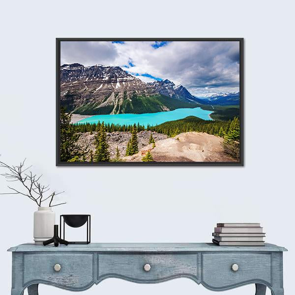 Peyto Lake Under Cloudy Sky Canvas Wall Art-1 Piece-Floating Frame-24" x 16"-Tiaracle
