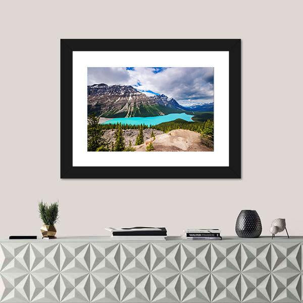 Peyto Lake Under Cloudy Sky Canvas Wall Art-1 Piece-Framed Print-20" x 16"-Tiaracle