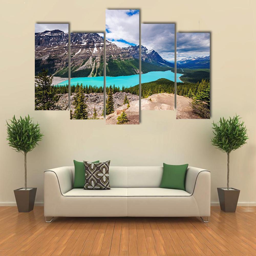 Peyto Lake Under Cloudy Sky Canvas Wall Art-5 Pop-Gallery Wrap-47" x 32"-Tiaracle
