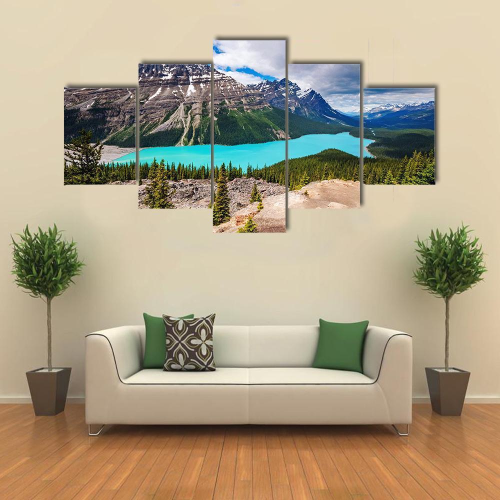 Peyto Lake Under Cloudy Sky Canvas Wall Art-5 Star-Gallery Wrap-62" x 32"-Tiaracle