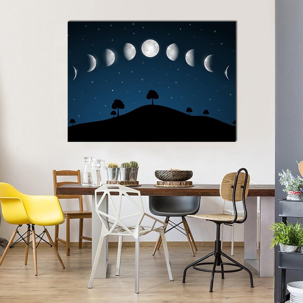 Nine Moon Phases Over Night Landscape Canvas Wall Art in black, white and blue, single panel hung on a wall