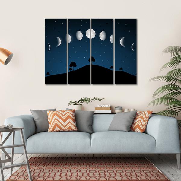 Phases Of Moon With Night Landscape Canvas Wall Art-4 Horizontal-Gallery Wrap-34" x 24"-Tiaracle