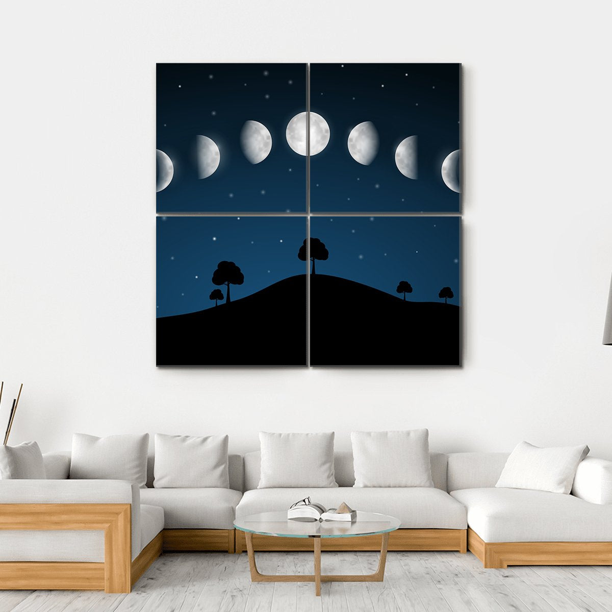 Phases Of Moon With Night Landscape Canvas Wall Art-4 Square-Gallery Wrap-17" x 17"-Tiaracle