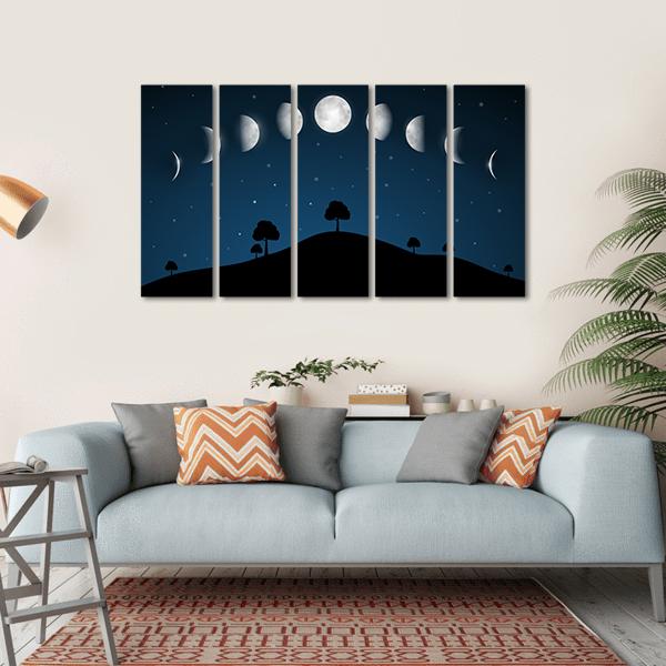 Phases Of Moon With Night Landscape Canvas Wall Art-5 Horizontal-Gallery Wrap-22" x 12"-Tiaracle