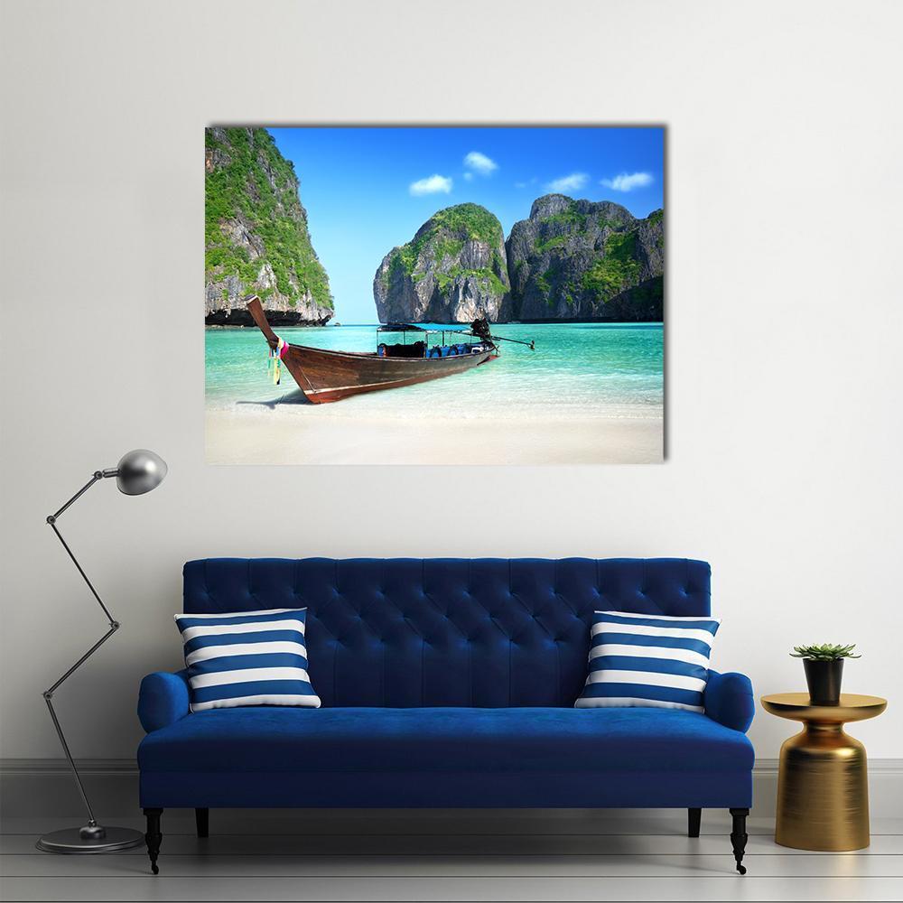 Maya Bay, Phi Phi Island Seascape Canvas Wall Art in beige, green and blue, single panel hung on a wall