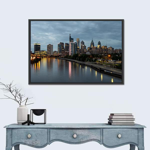 Philadelphia Skyline at Night Canvas Wall Art in black, gray and blue, framed canvas, product view on a white background