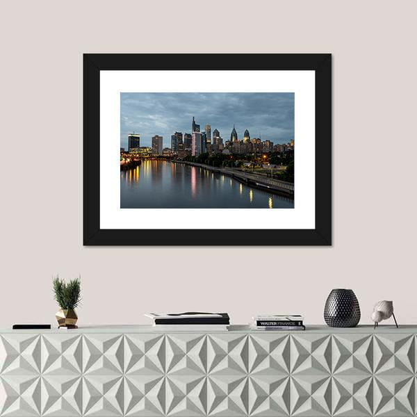 Philadelphia Skyline at Night Canvas Wall Art in black, gray and blue, framed print, product view on a white background