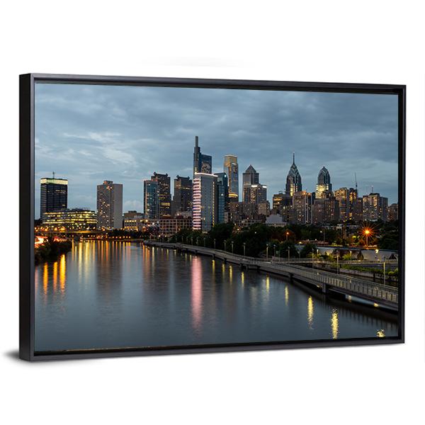 Philadelphia Skyline At Night Time Canvas Wall Art-3 Horizontal-Gallery Wrap-25" x 16"-Tiaracle