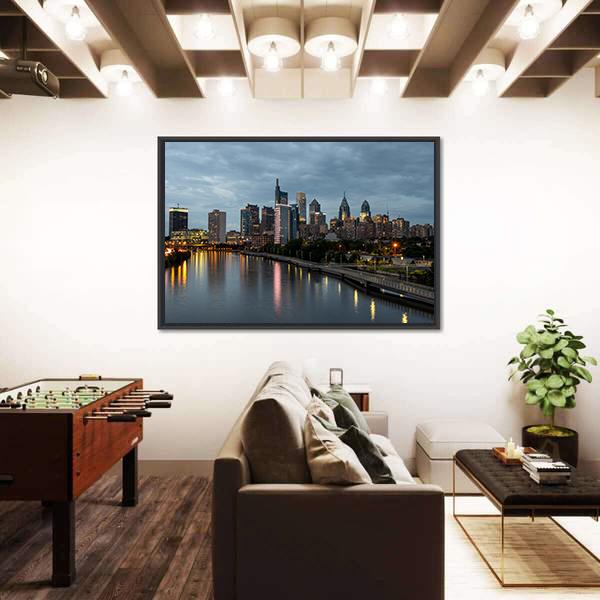 Philadelphia Skyline At Night Time Canvas Wall Art-3 Horizontal-Gallery Wrap-25" x 16"-Tiaracle