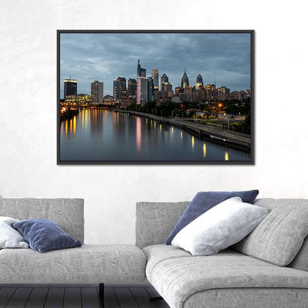 Philadelphia Skyline At Night Time Canvas Wall Art-3 Horizontal-Gallery Wrap-25" x 16"-Tiaracle