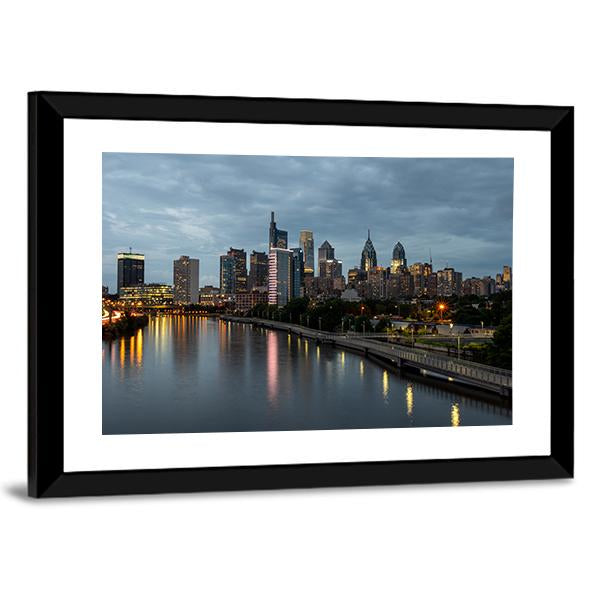 Philadelphia Skyline At Night Time Canvas Wall Art-3 Horizontal-Gallery Wrap-25" x 16"-Tiaracle