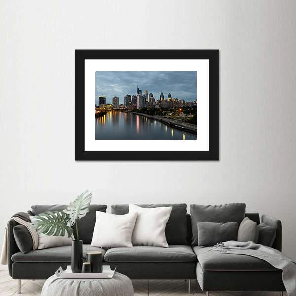 Philadelphia Skyline At Night Time Canvas Wall Art-3 Horizontal-Gallery Wrap-25" x 16"-Tiaracle