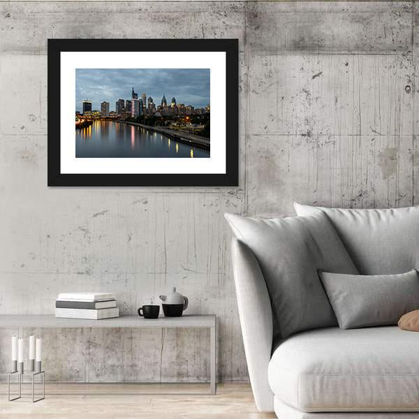 Philadelphia Skyline At Night Time Canvas Wall Art-3 Horizontal-Gallery Wrap-25" x 16"-Tiaracle