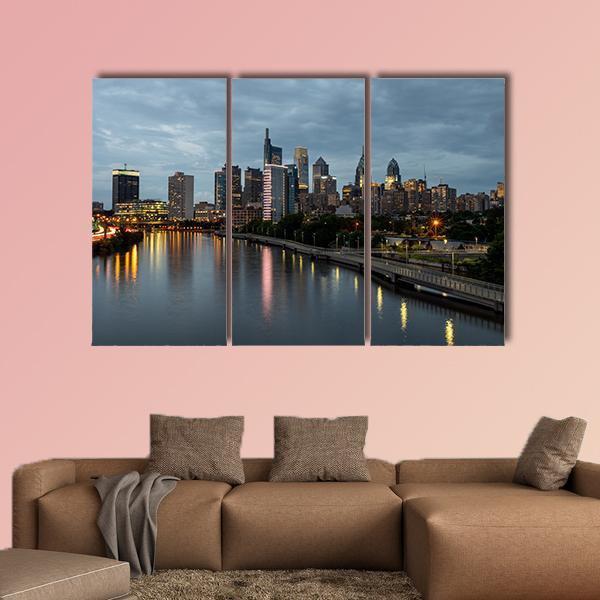 Philadelphia Skyline At Night Time Canvas Wall Art-3 Horizontal-Gallery Wrap-37" x 24"-Tiaracle
