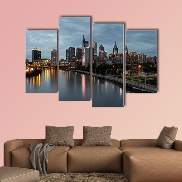 Philadelphia Skyline At Night Time Canvas Wall Art-4 Pop-Gallery Wrap-50" x 32"-Tiaracle
