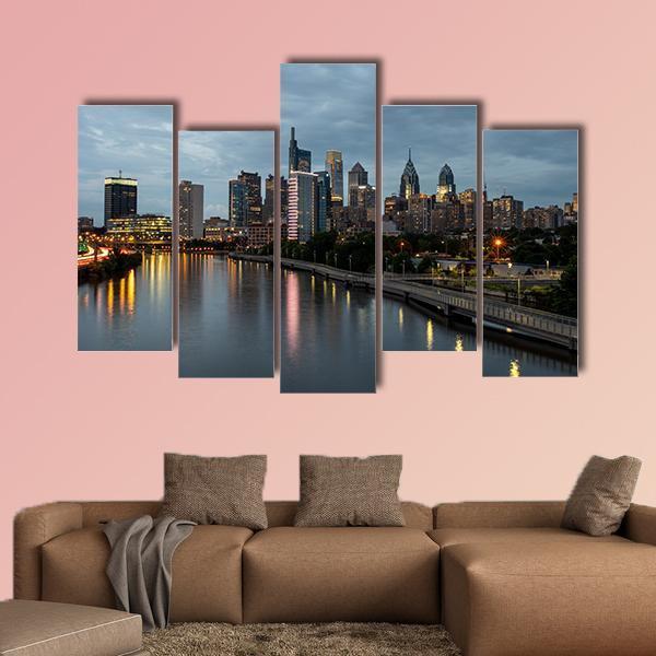 Philadelphia Skyline At Night Time Canvas Wall Art-5 Pop-Gallery Wrap-47" x 32"-Tiaracle